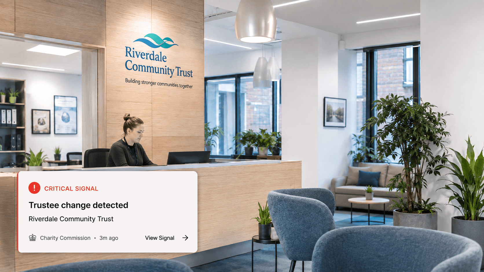 Riverdale Community Trust reception, with a Registry Radar critical signal notification for a trustee change