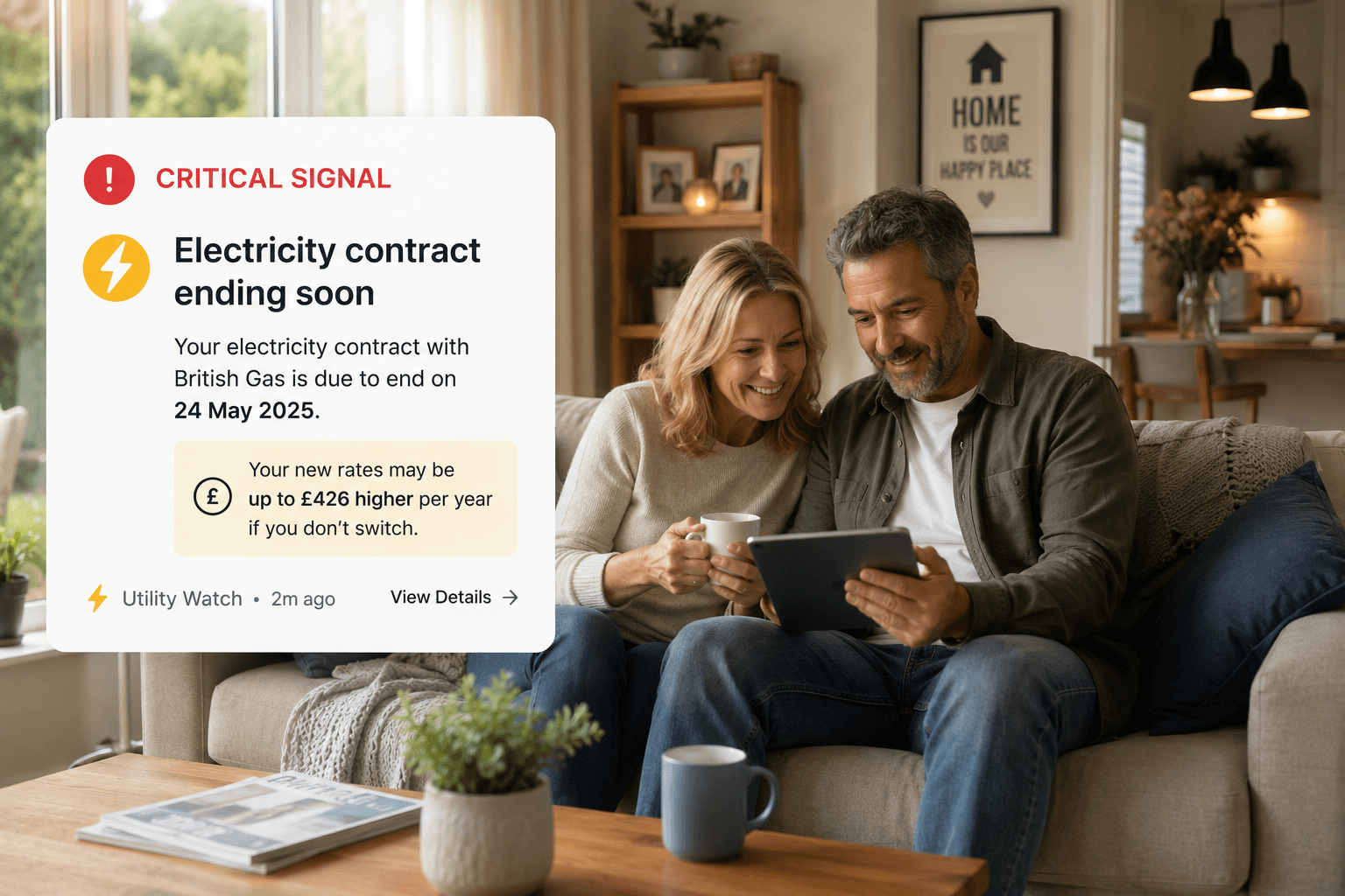 A couple reviewing their energy contract at home, with a Registry Radar critical signal about a British Gas electricity contract ending soon